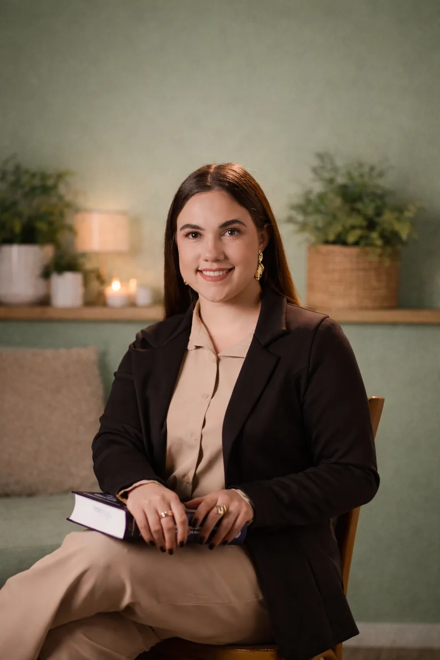 Mariana Dantas sentada em ambiente acolhedor, segurando um caderno.